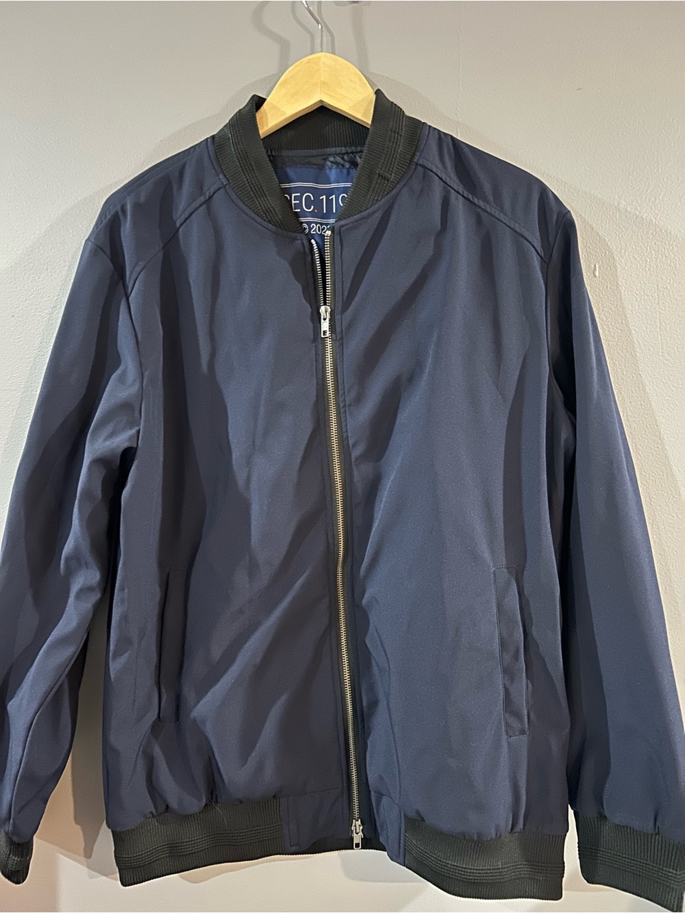 Men's Navy Bomber Jacket with Ribbed Trim